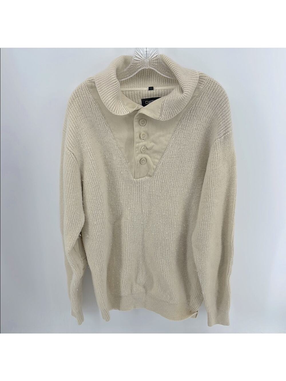 National Geographic 100% wool pullover knit 1/4 button up Cream Sweater sz XXL
